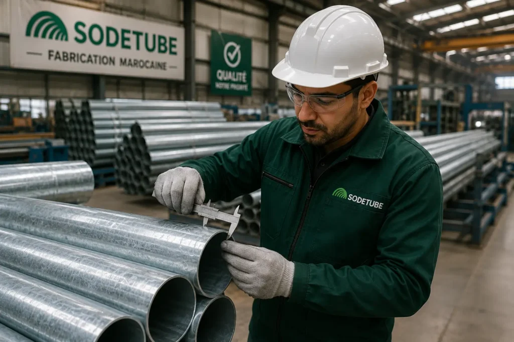 Contrôle qualité d'une structure agricole en acier galvanisé dans l'atelier Sodetube.