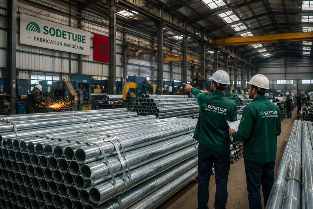 Équipe Sodetube dans son atelier de fabrication de structures agricoles galvanisées au Maroc.